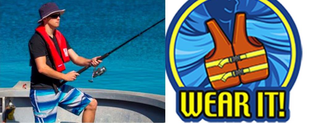 image of man wearing a lifejacket while fishing from a boat and the Wear It logo