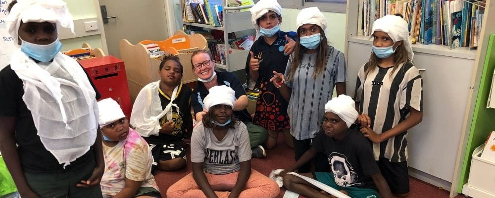 Wiluna students wearing bandages during first aid training