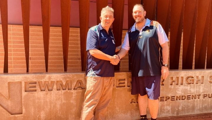 Royal Life Saving WA's Tim Turner with Newman Senior High School's  Matthew Yollard