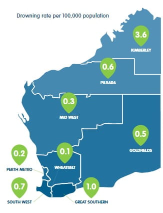 map of WA regions with inland waterway drowning rates