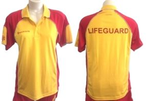 Front and back view of red and yellow lifeguard polo shirt