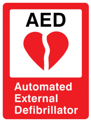 red and white automated external defibrillator sign