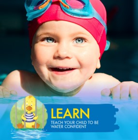 Baby girl wearing red swim cap and blue goggles text encouraging parents to teach children to swim