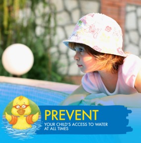 Small girl leaning over edge of pool to touch water with text encouraging parents to prevent their children's access to water