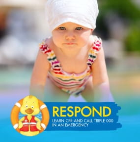 Baby girl wearing striped bathers and a white hat crawling along the edge of a pool with text encouraging parents to learn CPR so they can respond to an emergency