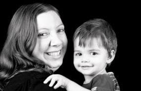 Black and white picture of Melanie Mitchell with son Lachlan