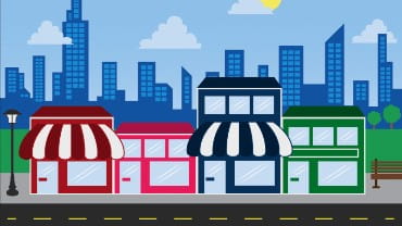 Cartoon image of four shopfronts along a road with a city skyline in the background