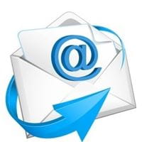 Blue email "at" symbol popping out of an envelope with a blue arrow wrapped around the envelope