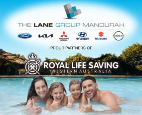 The Lane Group Mandurah logo with logos of car brands they sell: Ford, Kia, Mitsubishi, Hyundai, Suzuki, Nissan, above the RLSSWA logo and an image of a family in a swimming pool