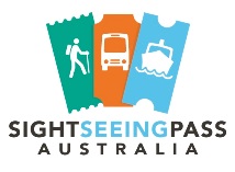 Sightseeing Pass Australia logo with images of three ticket stubs featuring a hiker, a bus and a boat