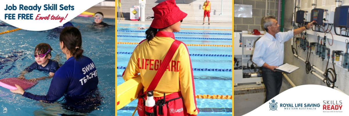 Photo collage including swim teacher, pool lifeguard and pool operator. 