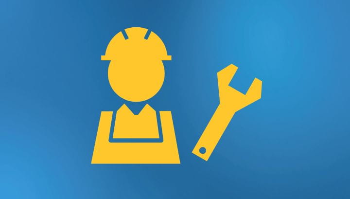 blue background with illustration of person in hard hat with a wrench