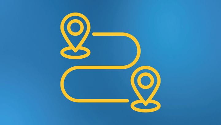 Blue background with drawing of two points on a map with a curvy line joining them as a path