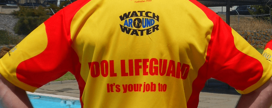back of lifeguard shirt with Watch Around Water logo