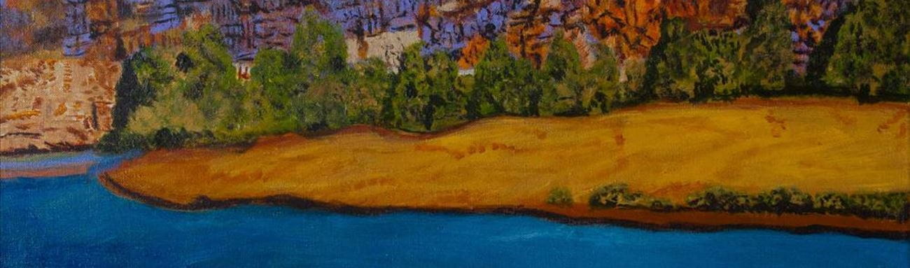 A painting of a Pilbara landscape with water in the foreground and red hills with green trees in the background