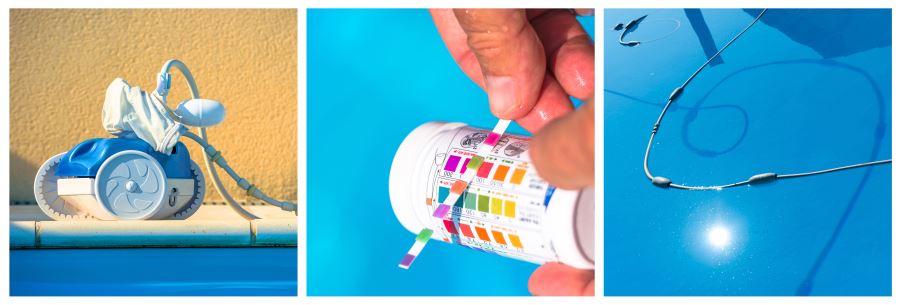 Three images - A robotic pool cleaner, a water test strips bottle with a test strip being held along the indicator chart, and a pool cleaner hose in a pool