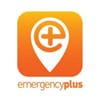 Orange-red square icon which indicates a persons location with the words emergency plus at the base