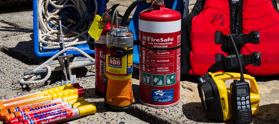 an assortment of boating safety equipment